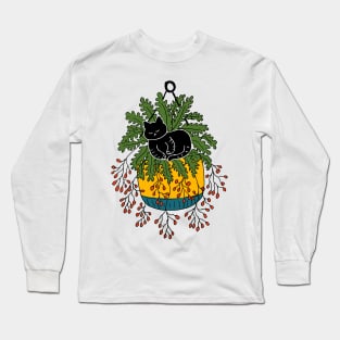 Black Cat Sleeping In A Hanging Yellow Plant Pot Long Sleeve T-Shirt